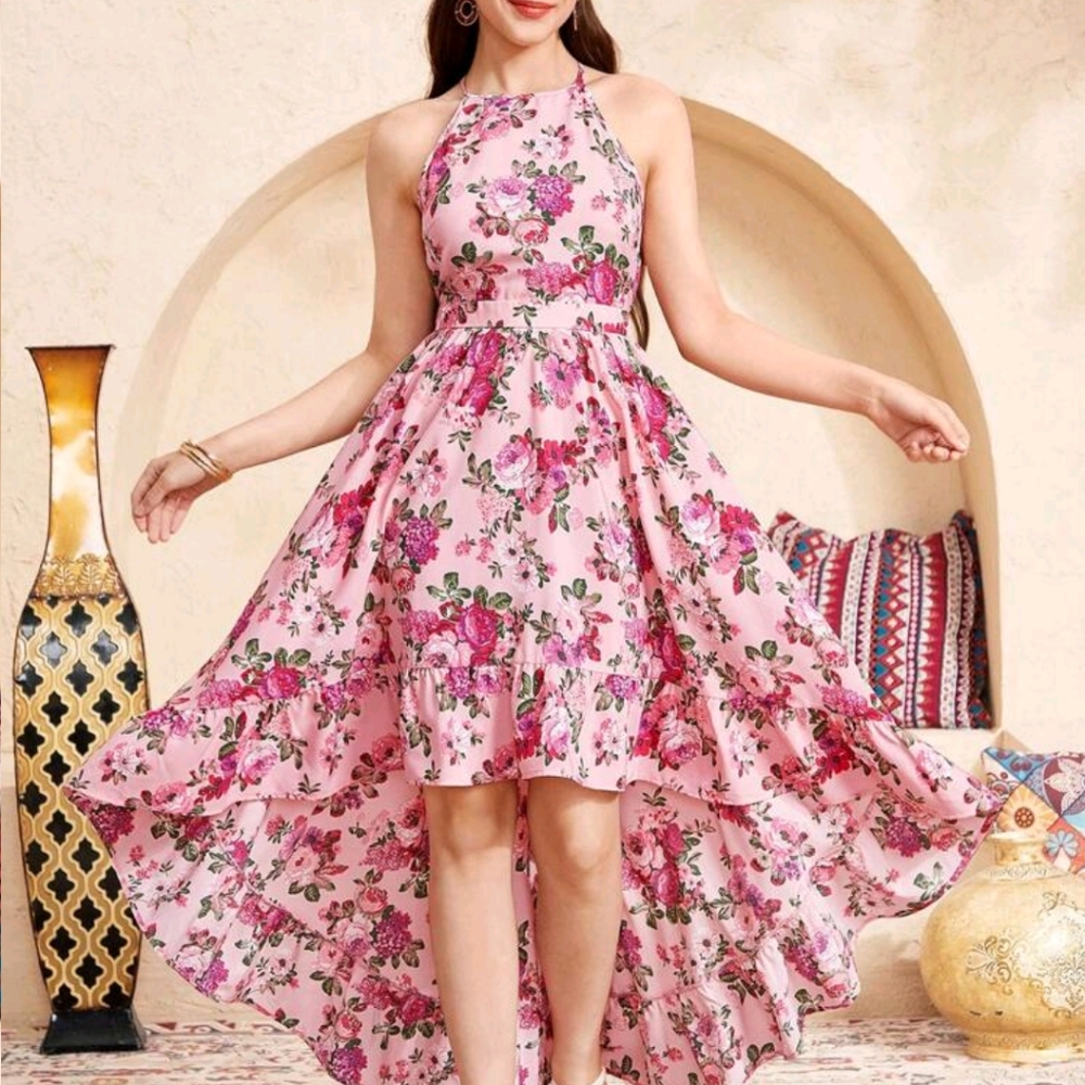Girls Floral Pink Halter High- Low Dress Brand New  Restocked 🚨